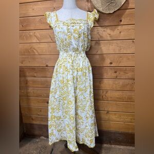 INA Midi Dress Lined Crocheted Pom-Poms Bobbles Accents Ruffled at Shoulders S